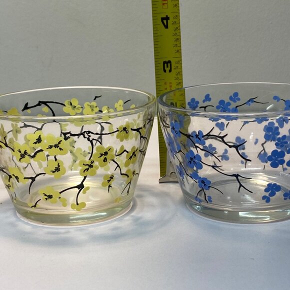 Vintage Floral Printed Glass Bowls Pink Yellow & Blue Flower Designs Set of 3 - Picture 6 of 11